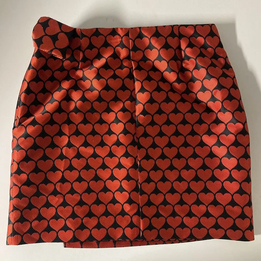J. Crew Faux Wrap Skirt Jacquard Heart Mini Electric Red Black Bow 0 Lined H2856